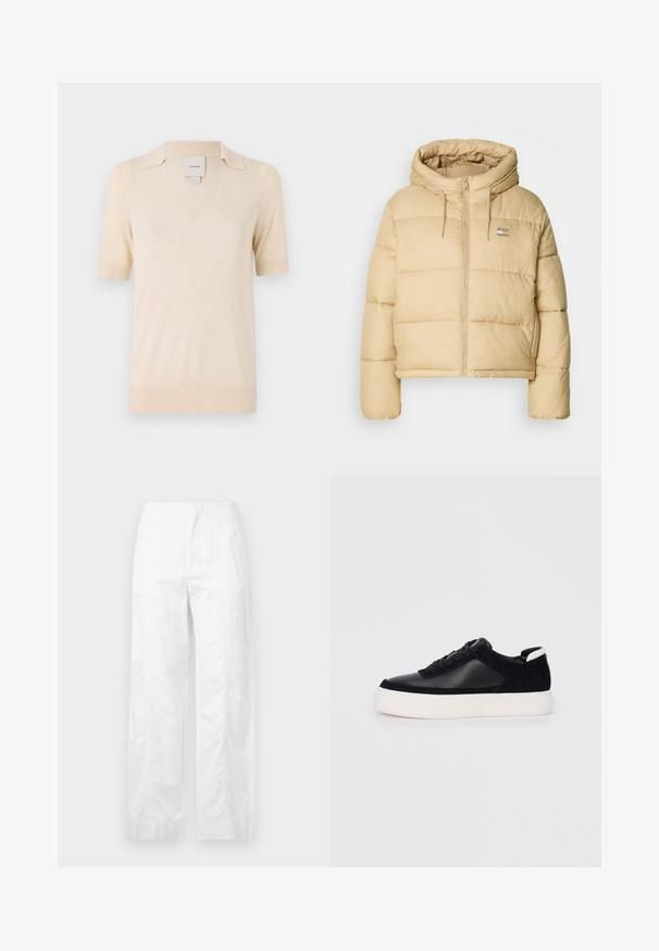 Helebeež puffy jakk, millel on lühendatud disain, lukuga esiosa ja kapuuts. Omab tuhmi tekstuuri ja väikest logo aksenti.; Kreemitooni lühikeste varrukkate polo särk, mis on valmistatud pehmest materjalist, omades V-kujulist kaelust ja diskreetset kraedisaini.; Valged laiad püksid, mis on valmistatud kergetest materjalidest, omades siledat tekstuuri, puhtaid jooni ja kõrget vöökohta.; Mustad mustad spordijalanõud siledast nahast ja sametist paneelidega, lame nööriga, ümar varvas ja valge kummist tallaga. Erakordne logo kontsas.
