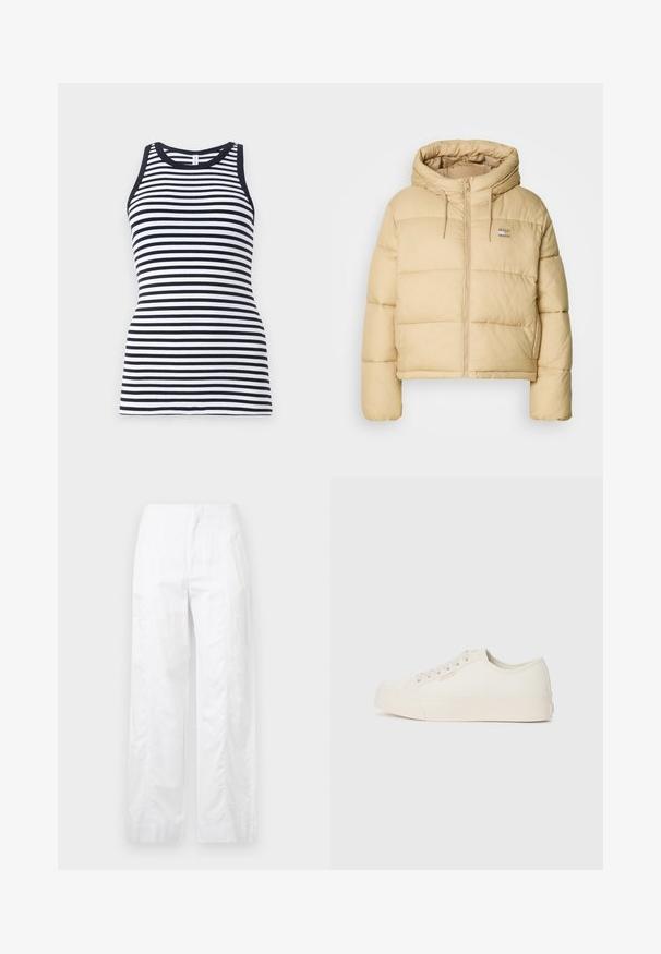 Giacca imbottita di un beige chiaro con design cropped, chiusura con zip e cappuccio. Presenta una texture trapuntata e un piccolo logo decorativo.; Top senza maniche a righe blu navy e bianche, con scollatura rotonda e texture a costine, caratterizzato da un design aderente.; Pantaloni bianchi a gamba larga realizzati in tessuto leggero, con una texture liscia, linee pulite e un design a vita alta.; Sneakers realizzati in tela bianca sporca, caratterizzati da un design a bassa altezza, punta rotonda e suola piatta in gomma con dettagli di cucitura discreti.