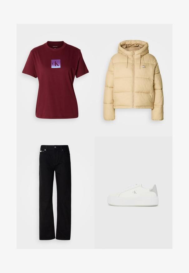 Chaqueta de plumas beige claro con un diseño corto, cierre de cremallera en la parte frontal y capucha. Presenta un textura acolchada y un pequeño logotipo como acento.; Camiseta de algodón color marrón con un logo cuadrado que tiene un fondo degradado de púrpura a azul y la letra "cK" en púrpura oscuro.; Pantalones de mezclilla negros de pierna recta con cinco bolsillos, remaches plateados y cierre de botones. La tela tiene un acabado liso y ligeramente texturizado.; Zapatillas de lona blancas con una suela blanca gruesa, presentan un acento metálico plateado en el talón y un sutil detalle del logo en el lateral.