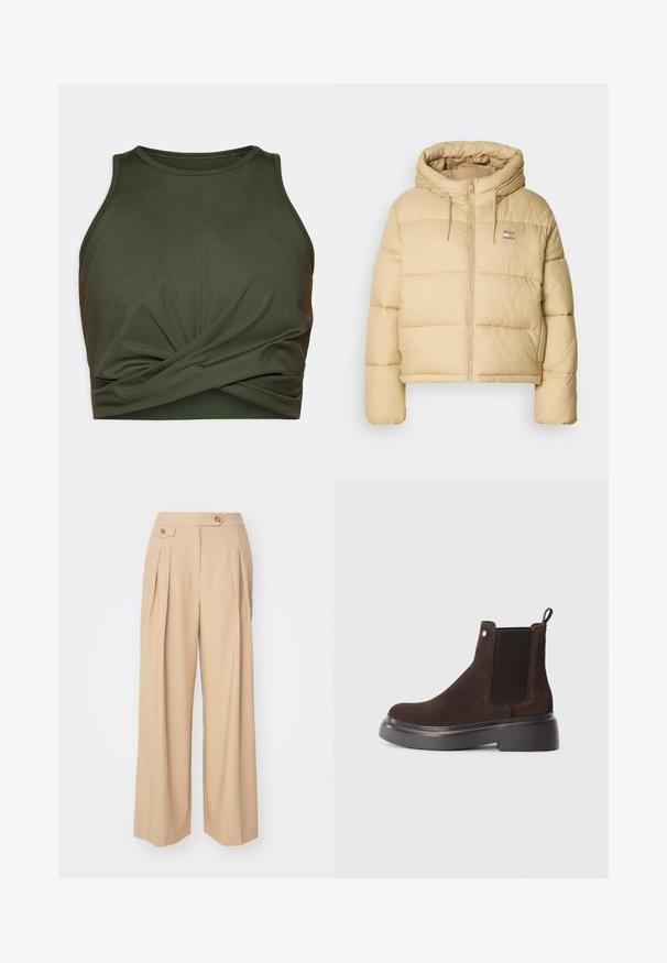 Világos bézs színű, cropped fazonú puffermellény, cipzáros elől és kapucnival. Téglalap alakú textúra és egy kis logó részlet jellemzi.; Sötétzöld sport-tank top rugalmas anyagból. Kerek nyakkivágással és gyűrt részlettel az alján.; Beige, bő szárú nadrág, két elülső redővel, két gombbal a derékon, sima, textúrált anyagból. Nincsenek látható zsebek.; Barna velúr bokacsizma rugalmas oldalsó panelekkel, húzófüllel és vastag fekete gumitalppal. Simaságot és matt felületet kínál.