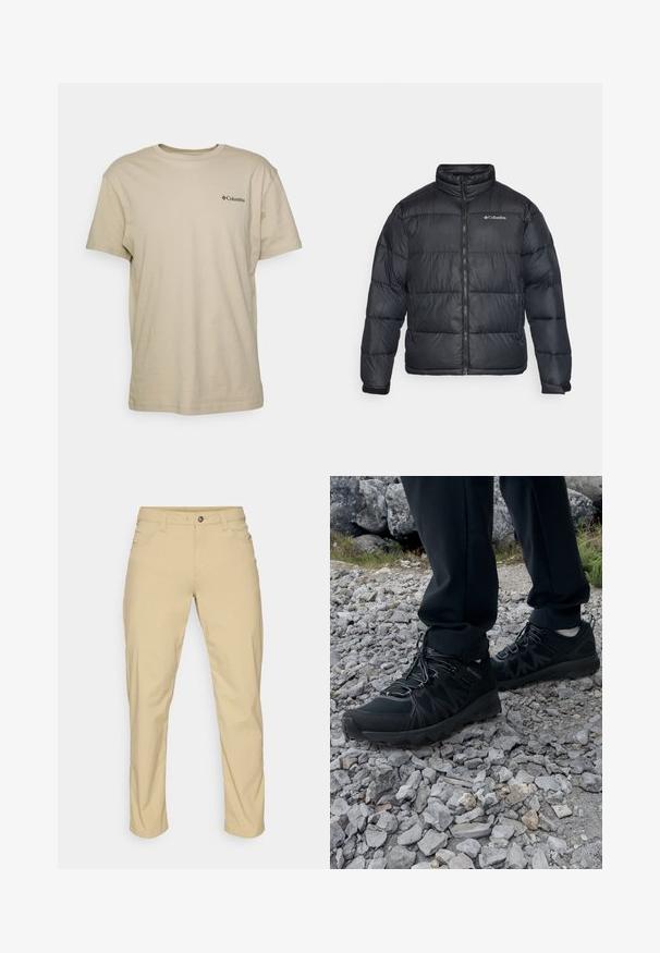 Black puffer jacket with a high collar, zip closure, and elastic cuffs. Features sewn quilted sections and a Columbia logo on the chest.; Beige cotton t-shirt with short sleeves, crew neck, and a small black logo on the left chest area. Smooth texture, casual design.; Patagonia QUANDARY PANTS - Outdoor trousers - classic tan; Black outdoor shoes with mesh and synthetic material, featuring a textured upper, secured lacing system, and a rugged outsole, on rocky terrain.