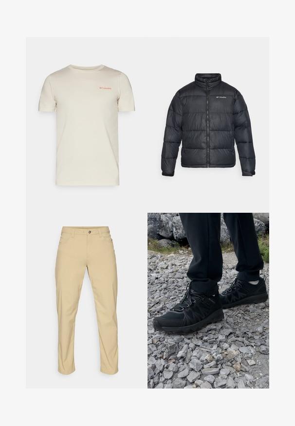 Chaqueta de plumas negra con cuello alto, cierre de cremallera y puños elásticos. Presenta secciones acolchadas cosidas y un logo de Columbia en el pecho.; Camiseta de manga corta color crema hecha de algodón suave, con un pequeño logo rojo de Columbia en la parte superior izquierda.; Patagonia QUANDARY PANTS - Pantalones montañeros largos - classic tan; Zapatos exteriores negros con malla y material sintético, que presentan un upper texturizado, un sistema de cordones seguro y una suela robusta, sobre terreno rocoso.