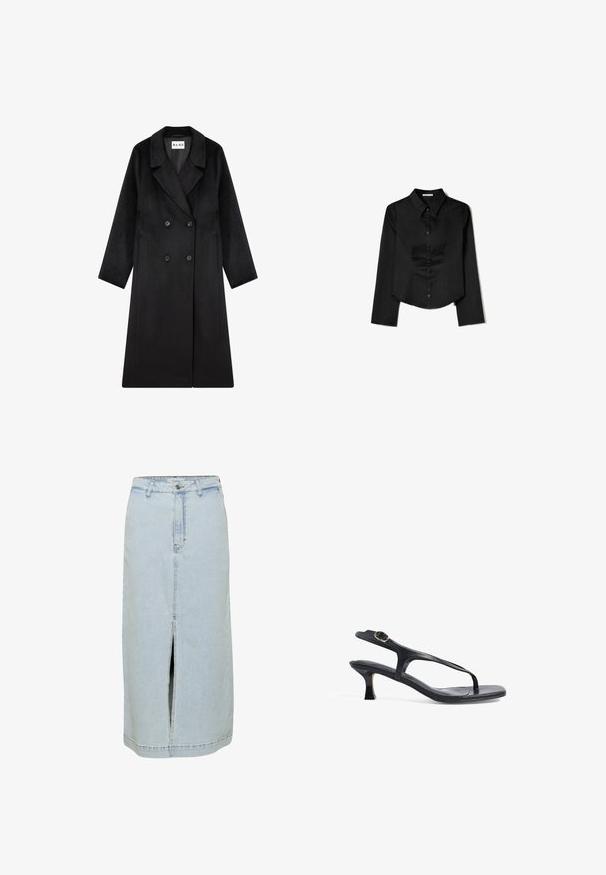 NA-KD Klasický kabát - black; Čierna košeľa s dlhým rukávom vyrobená z hladkej látky, s špicatým golierom, predným zapínaním na gombíky a skráteným lemom so bočnými rozparkami.; Džínová sukňa svetlomodrej farby, rovných strih, po kolená s predným rozparkom, so slučkami na opasok a zapínaním na gombík v páse.; Čierne kožené sandále s elegantným dizajnom, tenkými popruhmi a nízkym podpätkom. Obsahujú kovovú sponu a hladký, textúrovaný stielku.