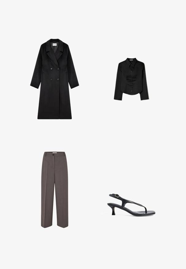 NA-KD Klasický kabát - black; Čierna košeľa s dlhým rukávom vyrobená z hladkej látky, s špicatým golierom, predným zapínaním na gombíky a skráteným lemom so bočnými rozparkami.; Svetlohnedé nohavice s širokými nohavicami a vysokým pásom, s prednými záhybmi, pútkami na opasok, zapínaním na gombík a hladkou textúrou látky.; Čierne kožené sandále s elegantným dizajnom, tenkými popruhmi a nízkym podpätkom. Obsahujú kovovú sponu a hladký, textúrovaný stielku.