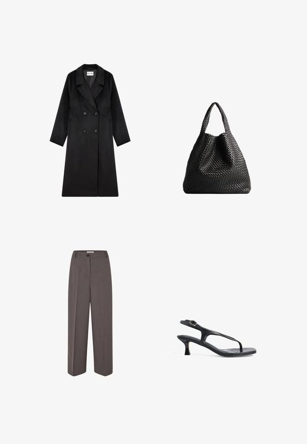 NA-KD Mantel - black; Zwarte langetermijnshirt gemaakt van soepele stof, met een puntige kraag, sluiting met knopen aan de voorkant en een cropped zoom met zijsplitten.; Brede, high-waist bruine broeken met voorplooien, riemlussen, knoopsluiting en een gladde stoftextuur.; Zwarte leren sandaal met een slank ontwerp, dunne banden en een kleine hak. Bevat een gespaccent en een gladde, gestructureerde zool.; Zwarte geweven tote bag met twee handvatten. Zachte textuur, slungelige vorm en een grote, ronde vorm. Geen zichtbare hardware of accenten.