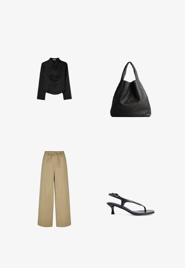 NA-KD - Klasyczny płaszcz; Czarna longsleeve z gładkiego materiału, z wyraźnym kołnierzykiem, z przodem zapinanym na guziki oraz skróconym dołem z bocznymi rozcięciami.; Beżowe spodnie typu wide-leg z wysokim stanem, z wiązaniem na sznurki i dwiema bocznymi kieszeniami, wykonane z gładkiego, lekkiego materiału.; Czarne skórzane sandały o smukłym designie, cienkich paskach i małym obcasie. Posiadają akcent w postaci sprzączki oraz gładką, teksturowaną wkładkę.; Czarna pleciona torba na ramię z dwoma uchwytami. Miękka tekstura, luźny fason i duży, zaokrąglony kształt. Brak widocznych elementów metalowych lub akcentów.