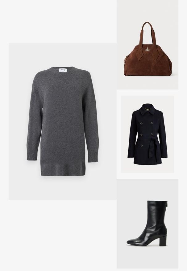 Doppelreihiger Mantel aus marineblauem Wolle mit einem Eingefassten Kragen, Knopfverschluss, Seitentaschen und einem passenden Stoffgürtel.; Grauer gestrickter Pullover aus weicher Stoff, mit Rundhalsausschnitt, langen Ärmeln und gerippten Bündchen und Saum. Einfaches und klassisches Design.; Schwarze Leder-Ankle-Boots mit spitzer Zehe und 4 cm Blockabsatz. Schlankes Design mit einem seitlichen Reißverschluss für einfaches Anziehen. Glatte Textur.; Braune Wildleder-Handtasche mit strukturiertem Design, abgerundeter Form und länglichen, diamantförmigen Griffen. Mit einem silbernen Metallverschluss ausgestattet.