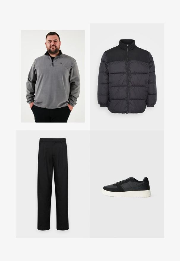 Czarna kurtka puchowa z wysokim kołnierzem, zapinana na zamek, o pikowanej konstrukcji i elastycznych mankietach. Materiał wydaje się gładki i izolowany.; Szary polarowy pulower z pół zamkiem, z czarnym kołnierzem i małym logo na piersi. Miękka tekstura i luźny krój.; Czarne spodnie wykonane z gładkiego materiału, z prostą nogawką, dwoma fałdami z przodu oraz standardowym paskiem z wypustkami na pasek.; Czarne niskie trampki z teksturowanej skóry i zamszowymi panelami, biała gumowa podeszwa i czarne sznurowadła na jednolitym jasnym tle.