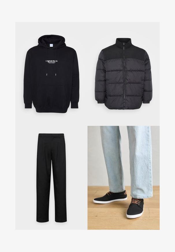 Melnā pūkainā jaka ar augstu apkakli, ar rāvējslēdzēja aizdari, kvadrātveida dizainu un elastīgiem piedurkņu galiem. Materiāls izskatās gluds un siltināts.; Melnā kapuces sporta džemperis, izgatavots no mīkstas šīfera, ar priekšējo kabatu un drosmīgu baltu logotipa tekstu krūšu daļā. Regulāra piegriezuma ar auklām.; Melnas bikses, izgatavotas no gludas auduma, ar taisnu kāju dizainu, divām priekšējām krokām un standarta jostu, kurai ir āķi.; Melnas auduma čības ar brūniem akcentiem, baltām gumijas zolēm un brūnām šņorēm, kombinētas ar gaiši ziliem taisnajiem džinsiem. Koka grīdas fons.