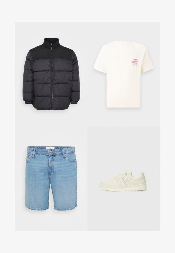 Crna puf jakna s visokim ovratnikom, s zatvaranjem na patentni zatvarač, imajući šivanu strukturu i elastične manžete. Materijal izgleda glatko i izolirano.; Bijela kratka majica s kratkim rukavima s crvenim natpisom "Studio Originals Edition" na lijevoj strani grudi, prikazana na neutralnoj sivoj pozadini.; Svijetloplavi traper šorts s klasičnim krojem, koji ima pet džepova, zatvaranje na dugme i suptilno izbljedjivanje. Glatka tekstura, šivani rubovi.; Kremasto bijele tenisice s perforiranim detaljima, vezicama i logotipom s bočne strane, prikazane na jednostavnoj bijeloj pozadini.