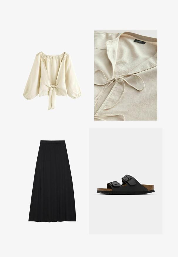 Camicia in cotone beige con colletto e dettaglio di annodatura frontale. Texture morbida, design casual e un'estetica semplice. Etichetta del marchio visibile all'interno.; Blusa beige chiaro realizzata in tessuto leggero, con scollatura a V profonda, maniche a sbuffo e chiusura a fiocco sul davanti. Texture liscia.; Maxi gonna nera realizzata in tessuto morbido e fluido. Presenta un elastico in vita e una silhouette A-line ampia con una texture liscia.; Sandalo nero a due cinturini con fibbie regolabili, con suola in sughero e suola esterna in gomma testurizzata. Presenta un design aperto e piatto per una facile vestibilità.
