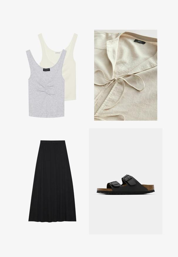 Bežas kokvilnas krekls ar apkakli un priekšējo saites detaļu. Mīksta tekstūra, ikdienas dizains un vienkārša estētika. Zīmola etiķete redzama iekšpusē.; Divi topi: viens gaiši pelēks ar teksturētu rakstu un priekšējiem pogām, un otrs - vienkrāsains krēmkrāsas. Abiem ir plati pleci un ovāla izgriezuma kakla daļa.; Melnā maxi svārki, izgatavoti no maiga, plūstoša auduma. Tam ir elastīga josta un pilna, A-līnijas siluets ar gludu tekstūru.; Melnas divu siksnu čības ar regulējamiem sprādzēm, korķa pamatni un teksturētu gumijas zoli. Piedāvā platu, atvērtu dizainu ērtai valkāšanai.