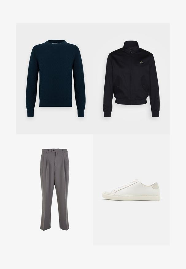 Laivasilkkinen takki, jossa on korkea kaulus, vetoketjukiinnitys ja kaksi sivutaskua; rinnan kohdalla on vihreä Lacoste-logo; valmistettu sileästä kankaasta.; Neulepaita tummansinisellä värillä, jossa on teksturoitu kuvio. Pyöreä kaula-aukko, pitkät hihat sekä ribbireunat hihansuissa ja helmassa. Pehmeä materiaali, joka näyttää mukavalta ja lämpimältä.; Harmaat pleated-housut, jotka on valmistettu sileästä kankaasta, suoran leikkauksen omaavat, yksittäisellä napilla suljettavat ja vyölenkeillä varustetut. Minimalistinen muotoilu.; Valkoinen nahkakengät, joissa on sileä pinta, pyöreä kärki ja minimalistiinen muotoilu. Varressa beige-yksityiskohtia ja kumipohja.