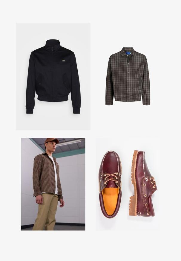 Marinblaue Jacke mit hohem Kragen, Reißverschluss vorne und zwei Seitentaschen; mit grünem Lacoste-Logo auf der Brust; aus glattem Stoff gefertigt.; Braun- und schwarzkariertes Hemd mit Button-Down-Kragen und einer Brusttasche, frontal vor einem weißen Hintergrund präsentiert.; Braunes karierter Hemd mit langen Ärmeln, kombiniert mit beigen Hosen, getragen über einem weißen T-Shirt. Das Modell steht in einer einfachen Inneneinstellung.; Bordeauxfarbene Lederschuhe mit braunen Gummisohlen, runder Zehenform, weißen Nähten und goldenen Ösen. Das Innenfutter weist eine gelbe Beschichtung auf.