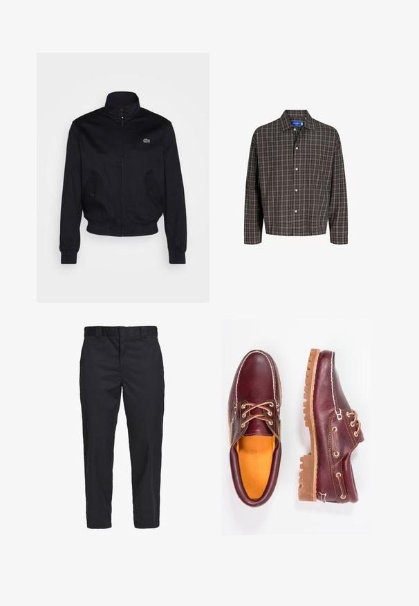 Marinblaue Jacke mit hohem Kragen, Reißverschluss vorne und zwei Seitentaschen; mit grünem Lacoste-Logo auf der Brust; aus glattem Stoff gefertigt.; Braun- und schwarzkariertes Hemd mit Button-Down-Kragen und einer Brusttasche, frontal vor einem weißen Hintergrund präsentiert.; Schwarze Chinos aus leichtem Baumwollstoff, mit geradem Schnitt, seitlichen Taschen und einem Knopfverschluss am Bund.; Bordeauxfarbene Lederschuhe mit braunen Gummisohlen, runder Zehenform, weißen Nähten und goldenen Ösen. Das Innenfutter weist eine gelbe Beschichtung auf.