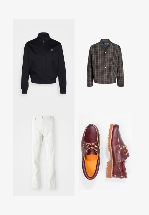 Tamsiai mėlynas švarkas su aukštu apykakle, užtrauktuku priekyje ir dviem šoninėmis kišenėmis; krūtinėje matomas žalias Lacoste logotipas; pagamintas iš lygios medžiagos.; Ruda ir juoda languota marškiniai su sagčių apykakle ir viena krūtinės kišenė, rodomi frontaliai prieš balta fono.; Šviesiai pilki medvilniniai kelnes tiesaus džinsinio stiliaus, su mygtuko uždarymu, priekyje turinčios kišenes ir subtilią tekstūrą.; Burgundi odiniai bateliai su rudais guminiais padais, apvaliu pirštu, balta siūle ir auksiniais inkarais. Interjere yra geltonas pamušalas.