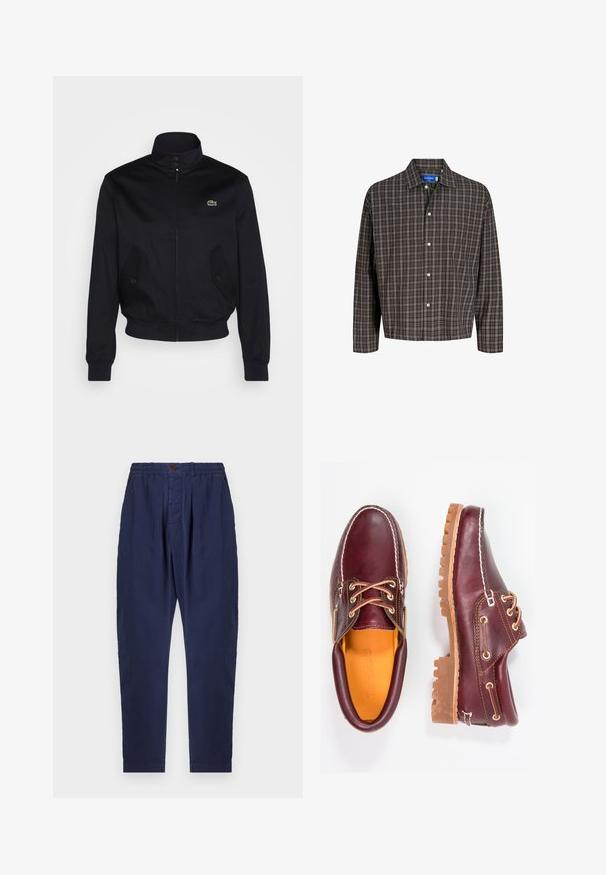 Tumedat sinine jakk kõrge kaelusega, lukuga esiosas ja kahe küljetaskuga; rinnal on roheline Lacoste logo; valmistatud siledast kangast.; Pruun ja must ruuduline särk sätitud nupuvajutusega kraega ning ühe rinnataskuga, esitlemine valge tausta ees.; Tumed sinised püksid, mis on valmistatud tekstuuriga kangast, elastse vöökoha, nööbiga sulgemise ja kahe esise pleidiga, et lisada disainile detaili.; Burgundia nahkkingad pruunide kummitaldadega, ümmarguse varbaga, valge tikandi ja kuldsete silmadega. Siseosa on kollase voodriga.