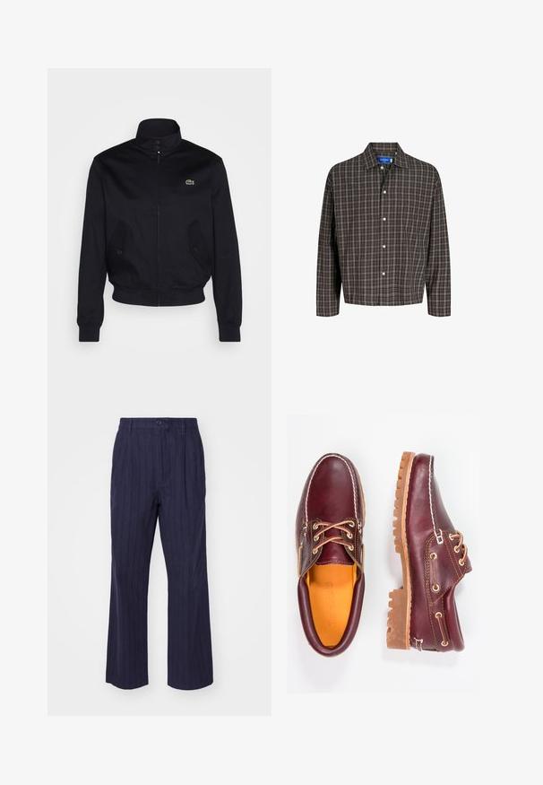 Navy blue jacket with a high collar, zip front, and two side pockets; features a green Lacoste logo on the chest; made of smooth fabric.; Brown and black plaid shirt with a button-down collar and a single chest pocket, displayed frontally against a white background.; Navy blue, wide-leg trousers with vertical pinstripes, featuring a single button closure and front pleats for added texture and design.; Burgundy leather shoes with brown rubber soles, round toe, white stitching, and gold eyelets. Interior features a yellow lining.