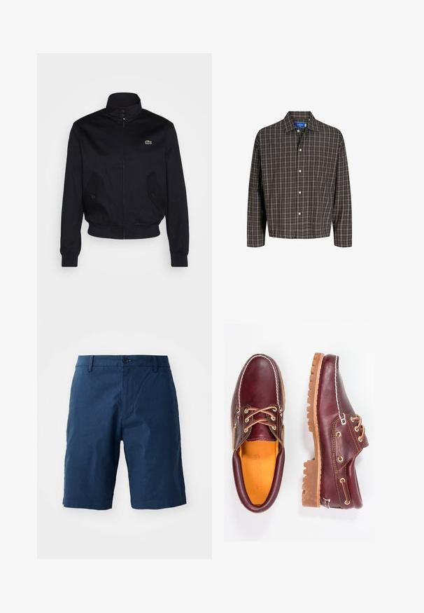 Tumši zila jaka ar augstu apkakli, ar rāvējslēdzēju priekšā un divām sānu kabatām; uz krūtīm ir zaļš Lacoste logo; izgatavota no gludas auduma.; Brūns un melns svītrainais krekls ar pogām uz apkakles un vienu krūšu kabatu, attēlots frontāli uz balta fona.; Jūras zila šorti, kas izgatavoti no viegla auduma, ar plakanu priekšpusi, pogu aizdari, sānu kabatām un gludu tekstūru.; Burgundijas krāsas ādas apavi ar brūniem gumijas zole, apaļiem purngalu, baltu šuvumu un zelta caurumiem. Iekšpusei ir dzeltena oderējums.