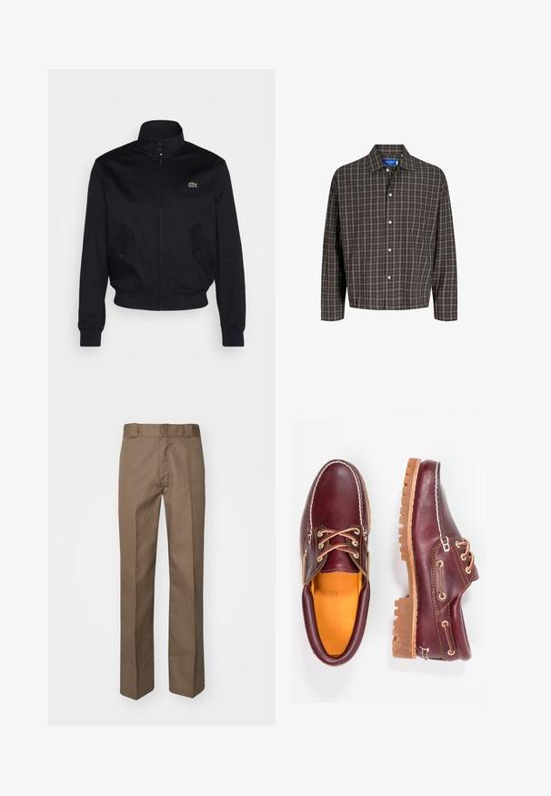 Mornarsko modra jakna z visokim ovratnikom, zadrgo spredaj in dvema stranskima žepoma; ima zeleno Lacoste logo na prsih; izdelana iz gladkega materiala.; Rjava in črna karo srajca z ovratnikom na gumb in enim žepom na prsih, prikazana spredaj na beli podlagi.; Rjave hlače s ravnim sprednjim delom, ravnimi nogavicami in klasičnim pasom. Narejene so iz trpežnega blaga, brez vidnih vzorcev ali okrasitev.; Burgundske usnjene čevlje z rjavimi gumijastimi podplati, okrogla kapica, beli šivi in zlate luknje za vezalke. Notranjost je obložena s rumeno podlogo.