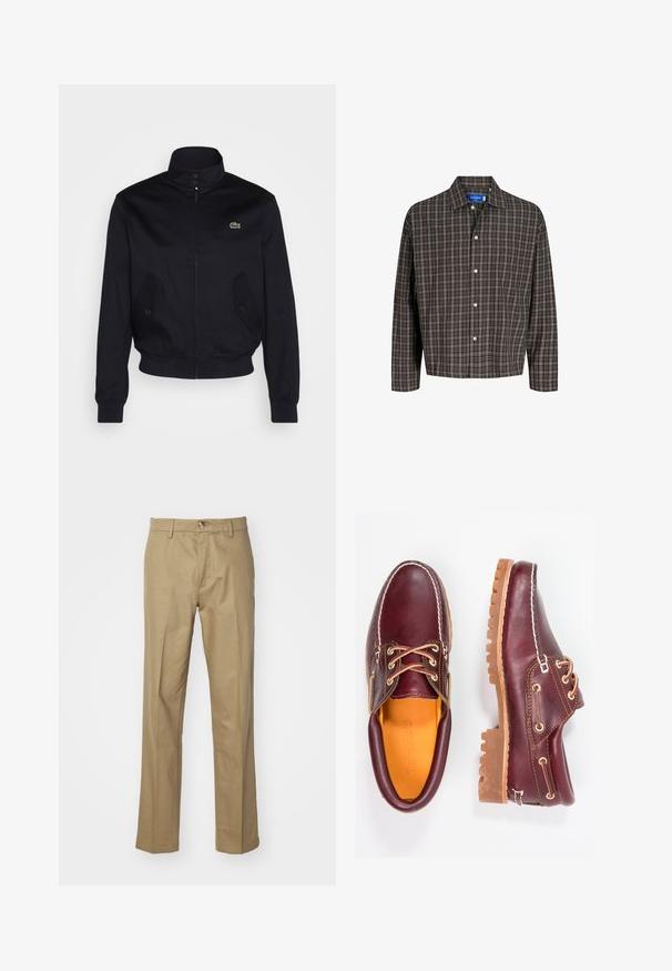 Mornarsko modra jakna z visokim ovratnikom, zadrgo spredaj in dvema stranskima žepoma; ima zeleno Lacoste logo na prsih; izdelana iz gladkega materiala.; Rjava in črna karo srajca z ovratnikom na gumb in enim žepom na prsih, prikazana spredaj na beli podlagi.; Bež hlače iz gladkega blaga. Oblika naravnost nogavic z zaponko na gumbu. Imajo zanke za pas in klasičen kroj za vsestransko prileganje.; Burgundske usnjene čevlje z rjavimi gumijastimi podplati, okrogla kapica, beli šivi in zlate luknje za vezalke. Notranjost je obložena s rumeno podlogo.
