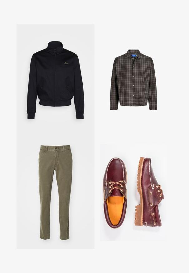 Námornícky modrá bunda s vysokým golierom, zips na prednej strane a dvoma bočnými vreckami; na hrudi sa nachádza zelené logo Lacoste; vyrobená z hladkej tkaniny.; Hnedočierna kockovaná košela s golierom na gombíky a jednou náprsní vreckom, vystavená čelne na bielom pozadí.; Olivové zelené nohavice z bavlny s rovnými nohavicami, piatimi vreckami a jedným gombíkom na zapínanie v páse.; Bordové kožené topánky s hnedými gumovými podrážkami, okrúhlou špičkou, bielym prešívaním a zlatými kovaniami. Interiér má žlté podšívku.