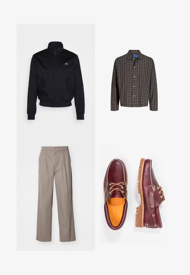 Mornarsko plava jakna s visokim ovratnikom, prednjim zatvaračem i dva bočna džepa; ima zeleni Lacoste logo na prsima; napravljena je od glatkog materijala.; Smešani smeđi i crni karirani sako s ovratnikom na dugmad i jednim džepom na prsima, prikazan sprijeda na bijeloj pozadini.; Bež hlače širokih nogavica od pamučne mješavine, s pregibima i zatvaranjem na dugme. Glatka tekstura s ušivenim rubovima.; Burgundske kožne cipele s smešnim gumenim potplatima, okruglim vrhom, bijelim šavovima i zlatnim rupama za vezivanje. Unutrašnjost ima žutu podstavu.