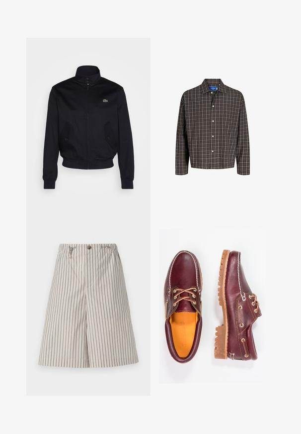 Giacca blu navale con colletto alto, chiusura con zip e due tasche laterali; presenta un logo verde Lacoste sul petto; realizzata in tessuto liscio.; Camicia a quadri marrone e nera con colletto button-down e una singola tasca sul petto, esposta frontalmente su uno sfondo bianco.; Pantaloni corti beige a righe con vestibilità rilassata, realizzati in tessuto leggero. Presentano una chiusura con bottone e due tasche laterali.; Scarpe in pelle bordeaux con suole in gomma marrone, punta rotonda, cuciture bianche e occhielli dorati. L'interno presenta un rivestimento giallo.