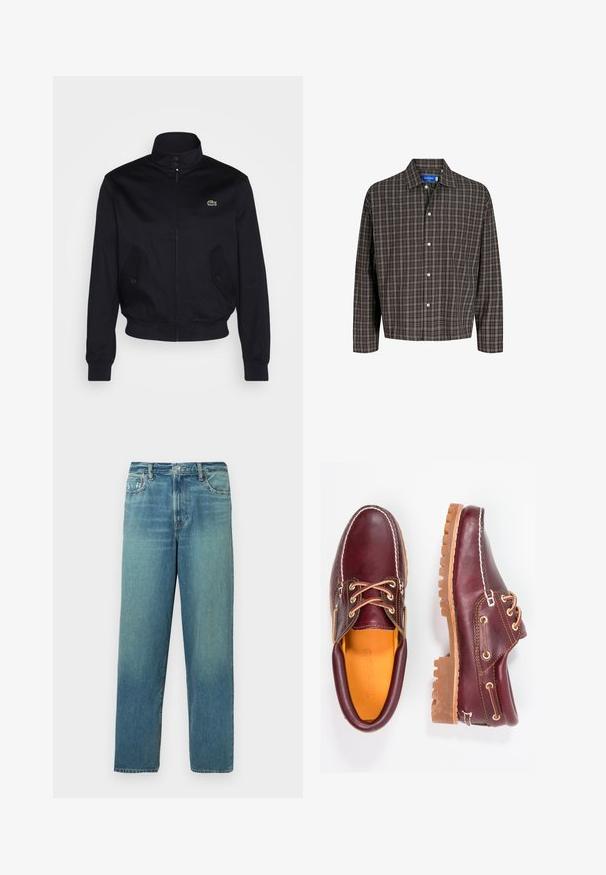 Jachetă bleu marin cu un guler înalt, fermoar pe față și două buzunare laterale; are un logo verde Lacoste pe piept; confecționată dintr-un material neted.; Cămașă în carouri maro și negru cu guler cu butoni și un singur buzunar pe piept, prezentată frontal pe un fundal alb.; Jeans din denim, de culoare albastră deschisă cu un efect de decolorare, design cu picior drept, aranjament standard cu cinci buzunare, închidere cu buton din alamă și fermoar.; Pantofi din piele burgundă cu talpă din cauciuc brun, vârf rotund, cusături albe și gauri aurii pentru șireturi. Interiorul are un căptușeală galbenă.