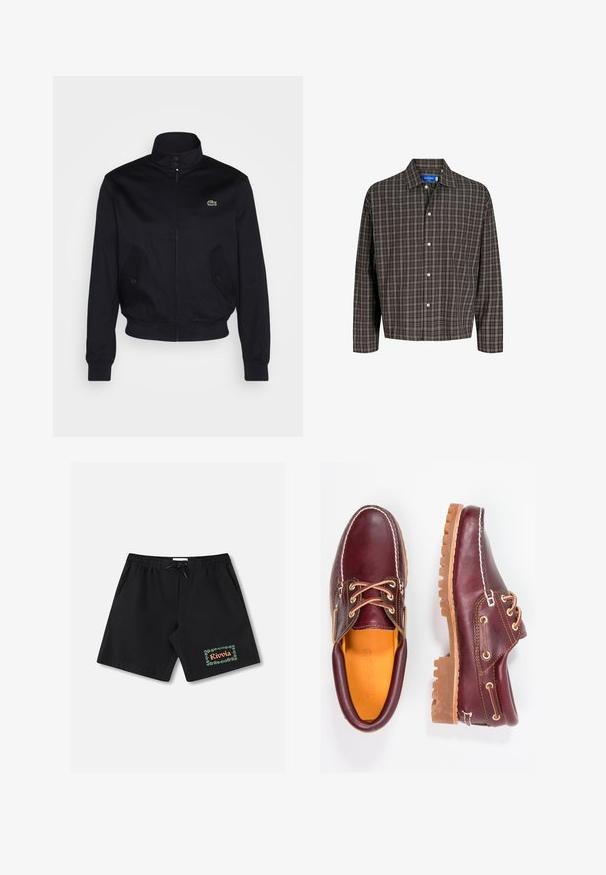 Giacca blu navale con colletto alto, chiusura con zip e due tasche laterali; presenta un logo verde Lacoste sul petto; realizzata in tessuto liscio.; Camicia a quadri marrone e nera con colletto button-down e una singola tasca sul petto, esposta frontalmente su uno sfondo bianco.; Costume da bagno nero con cintura elastica e coulisse. Presenta un bordo floreale verde con la scritta "Rivolia" sulla gamba sinistra.; Scarpe in pelle bordeaux con suole in gomma marrone, punta rotonda, cuciture bianche e occhielli dorati. L'interno presenta un rivestimento giallo.