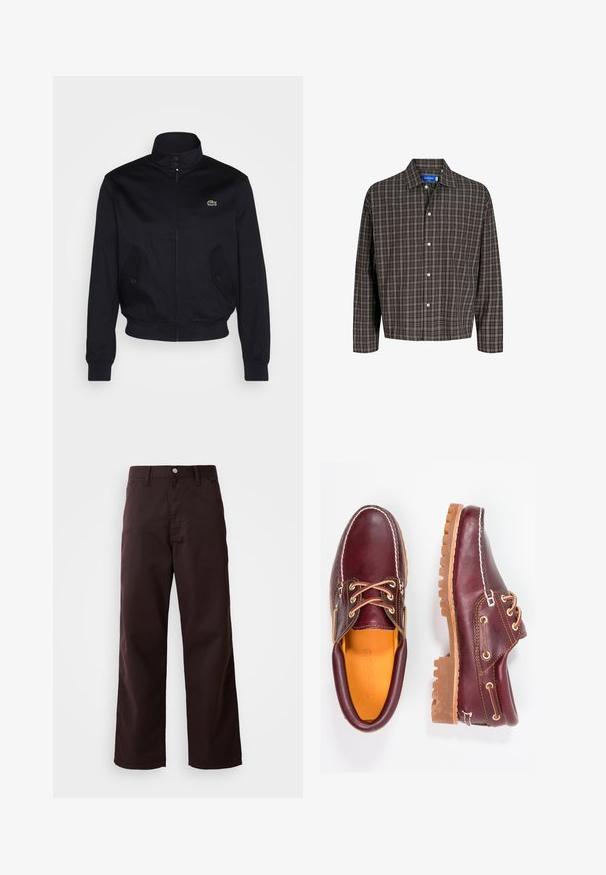 Mornarsko modra jakna z visokim ovratnikom, zadrgo spredaj in dvema stranskima žepoma; ima zeleno Lacoste logo na prsih; izdelana iz gladkega materiala.; Rjava in črna karo srajca z ovratnikom na gumb in enim žepom na prsih, prikazana spredaj na beli podlagi.; Temno rjave široke hlače iz trpežnega bombaža, ki imajo sprednje zapiranje na gumb in dve stranski žepi. Gladka tekstura, klasičen dizajn.; Burgundske usnjene čevlje z rjavimi gumijastimi podplati, okrogla kapica, beli šivi in zlate luknje za vezalke. Notranjost je obložena s rumeno podlogo.