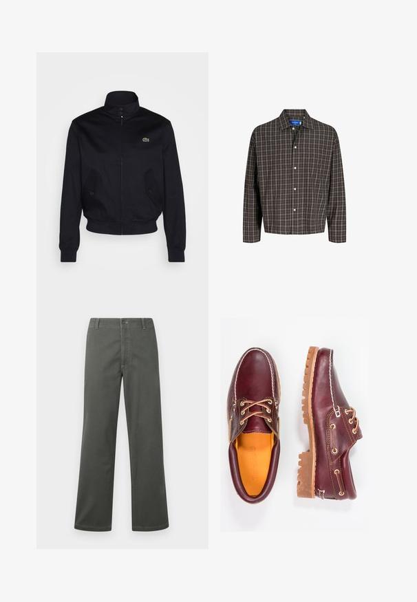 Marinblå jacka med hög krage, dragkedja fram och två sidofickor; har en grön Lacoste-logga på bröstet; tillverkad av ett slätt material.; Brun och svart rutigt skjorta med knapp-down krage och en enda bröstficka, visad framifrån mot en vit bakgrund.; Grå vida byxor i bomullsblandning, med en klassisk femfickdesign och framknäppning, samt kontrasterande sömmar.; Burgundy läderskor med bruna gummisulor, rund tå, vit söm och gyllene öljetter. Inredningen har en gul foder.