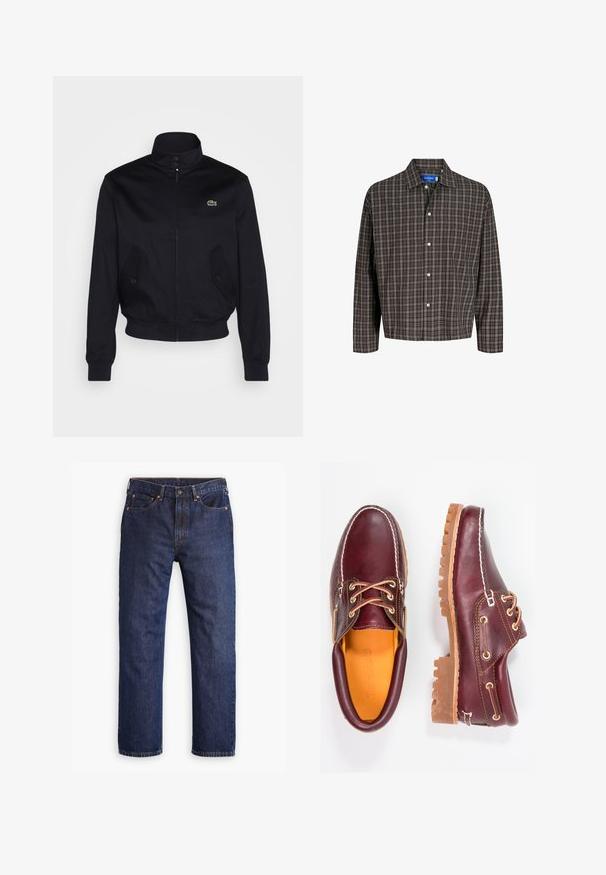 Tumši zila jaka ar augstu apkakli, ar rāvējslēdzēju priekšā un divām sānu kabatām; uz krūtīm ir zaļš Lacoste logo; izgatavota no gludas auduma.; Brūns un melns svītrainais krekls ar pogām uz apkakles un vienu krūšu kabatu, attēlots frontāli uz balta fona.; Tumši zilie taisni džinsi ar priekšējo pogu, rāvējslēdzēja aizdari, piecām kabatām un vara kniedēm.; Burgundijas krāsas ādas apavi ar brūniem gumijas zole, apaļiem purngalu, baltu šuvumu un zelta caurumiem. Iekšpusei ir dzeltena oderējums.