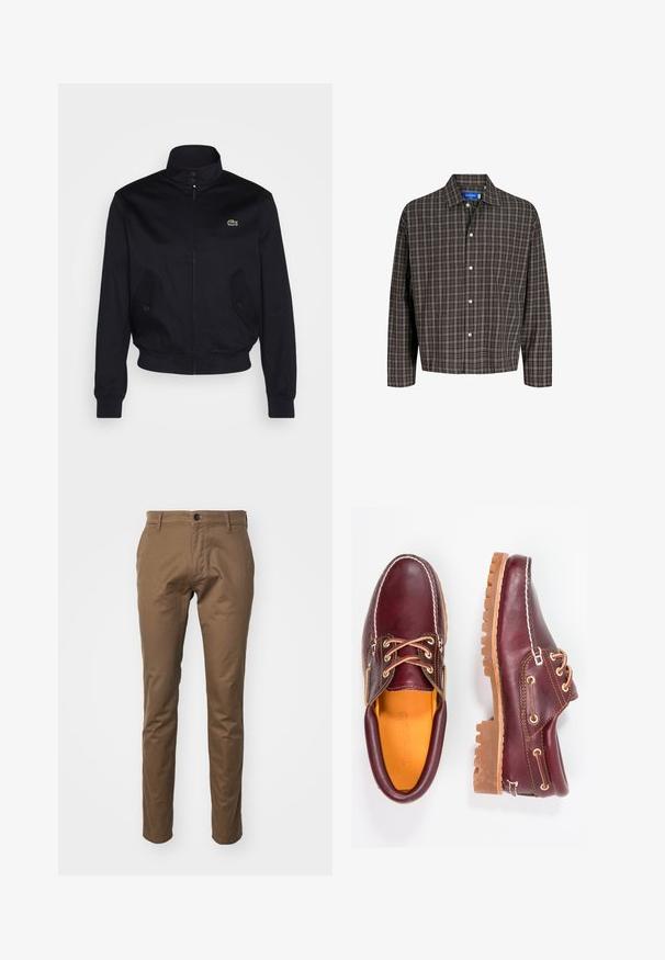 Veste bleu marine avec un col haut, fermeture éclair sur le devant et deux poches latérales ; présente un logo Lacoste vert sur la poitrine ; fabriquée en tissu lisse.; Chemise à carreaux marron et noir avec un col boutonné et une poche poitrine unique, présentée de face sur un fond blanc.; Pantalon en mélange de coton marron avec une coupe droite, présentant une fermeture à bouton, des poches avant et une surface lisse et texturée.; Chaussures en cuir bourgogne avec semelles en caoutchouc marron, bout rond, couture blanche et œillets dorés. L'intérieur présente une doublure jaune.