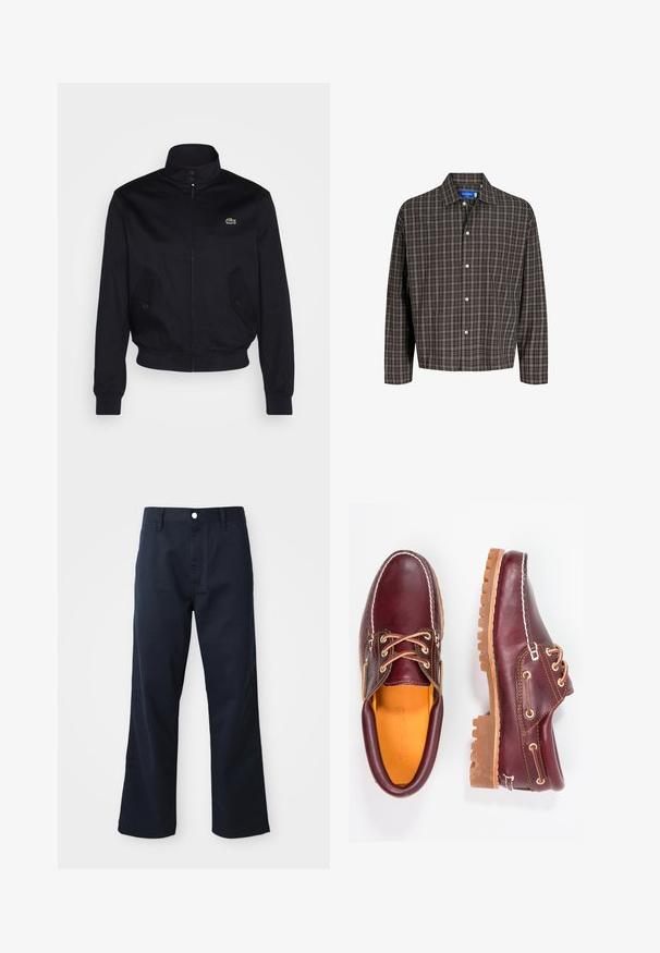 Giacca blu navale con colletto alto, chiusura con zip e due tasche laterali; presenta un logo verde Lacoste sul petto; realizzata in tessuto liscio.; Camicia a quadri marrone e nera con colletto button-down e una singola tasca sul petto, esposta frontalmente su uno sfondo bianco.; Pantaloni in cotone blu navy con design a gamba dritta, dotati di zip, chiusura a bottone e tasche frontali. Texture liscia e finitura pulita.; Scarpe in pelle bordeaux con suole in gomma marrone, punta rotonda, cuciture bianche e occhielli dorati. L'interno presenta un rivestimento giallo.