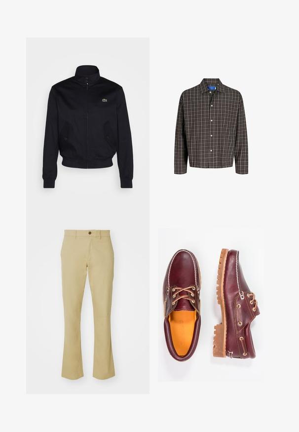 Veste bleu marine avec un col haut, fermeture éclair sur le devant et deux poches latérales ; présente un logo Lacoste vert sur la poitrine ; fabriquée en tissu lisse.; Chemise à carreaux marron et noir avec un col boutonné et une poche poitrine unique, présentée de face sur un fond blanc.; Pantalons évasés beiges en tissu mélangé coton avec une texture lisse, présentant un bouton à l'avant à la taille et des poches.; Chaussures en cuir bourgogne avec semelles en caoutchouc marron, bout rond, couture blanche et œillets dorés. L'intérieur présente une doublure jaune.