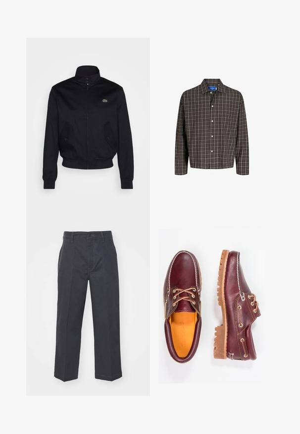 Jachetă bleu marin cu un guler înalt, fermoar pe față și două buzunare laterale; are un logo verde Lacoste pe piept; confecționată dintr-un material neted.; Cămașă în carouri maro și negru cu guler cu butoni și un singur buzunar pe piept, prezentată frontal pe un fundal alb.; Pantaloni gri închis din bumbac, cu croială dreaptă, închidere cu nasture și buzunare laterale cu detalii de cusătură contrastante.; Pantofi din piele burgundă cu talpă din cauciuc brun, vârf rotund, cusături albe și gauri aurii pentru șireturi. Interiorul are un căptușeală galbenă.