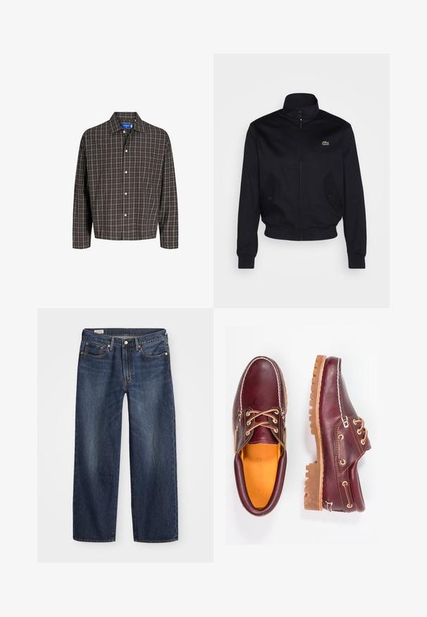 Námořnická modrá bunda s vysokým límcem, zipem vpředu a dvěma bočními kapsami; na hrudi má zelené logo Lacoste; vyrobena z hladkého materiálu.; Hnědá a černá kostkovaná košile s límečkem a jednou náprsní kapsou, vystavená čelně na bílém pozadí.; Tmavě modré džíny z denimu se střihovým středním nohavicím, designem s pěti kapsami, kovovým knoflíkem a zipem, a jemnými vzory žmolků.; Burgundské kožené boty s hnědými gumovými podrážkami, kulatou špičkou, bílým prošíváním a zlatými očky. Interiér obsahuje žlutou podšívku.