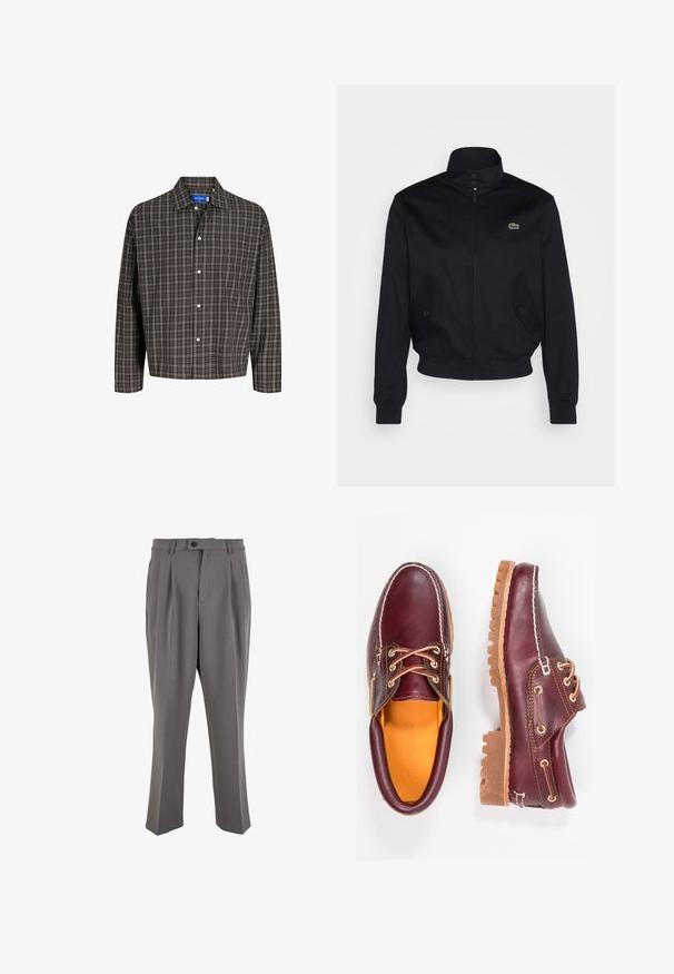 Tumši zila jaka ar augstu apkakli, ar rāvējslēdzēju priekšā un divām sānu kabatām; uz krūtīm ir zaļš Lacoste logo; izgatavota no gludas auduma.; Brūns un melns svītrainais krekls ar pogām uz apkakles un vienu krūšu kabatu, attēlots frontāli uz balta fona.; Pelēki plīsētie bikses no gludas auduma, ar taisnu griezumu, vienu pogu aizdari un jostas cilpiņām. Minimālisma dizains.; Burgundijas krāsas ādas apavi ar brūniem gumijas zole, apaļiem purngalu, baltu šuvumu un zelta caurumiem. Iekšpusei ir dzeltena oderējums.
