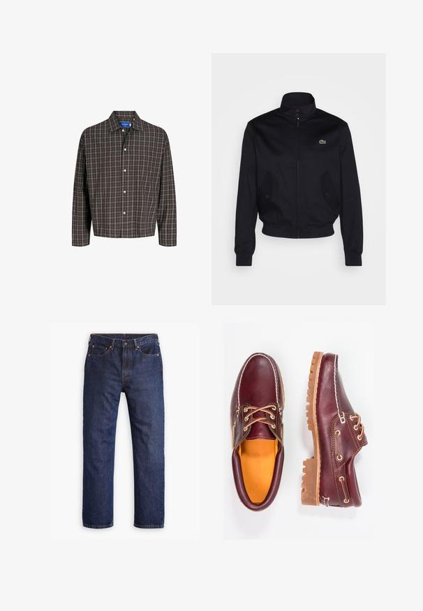 Navyblauwe jas met een hoge kraag, rits aan de voorkant en twee zijzakken; heeft een groen Lacoste-logo op de borst; gemaakt van een gladde stof.; Bruine en zwarte geruite shirt met een button-down kraag en een enkele borstzak, frontaal weergegeven tegen een witte achtergrond.; Donkerblauwe straight-leg denim jeans met een voorste knoop, ritsopening, vijf zakken en koperen klinknageldetails.; Bordeaux leren schoenen met bruine rubberen zolen, ronde neus, witte stiksels en gouden veterogen. Het interieur heeft een gele voering.