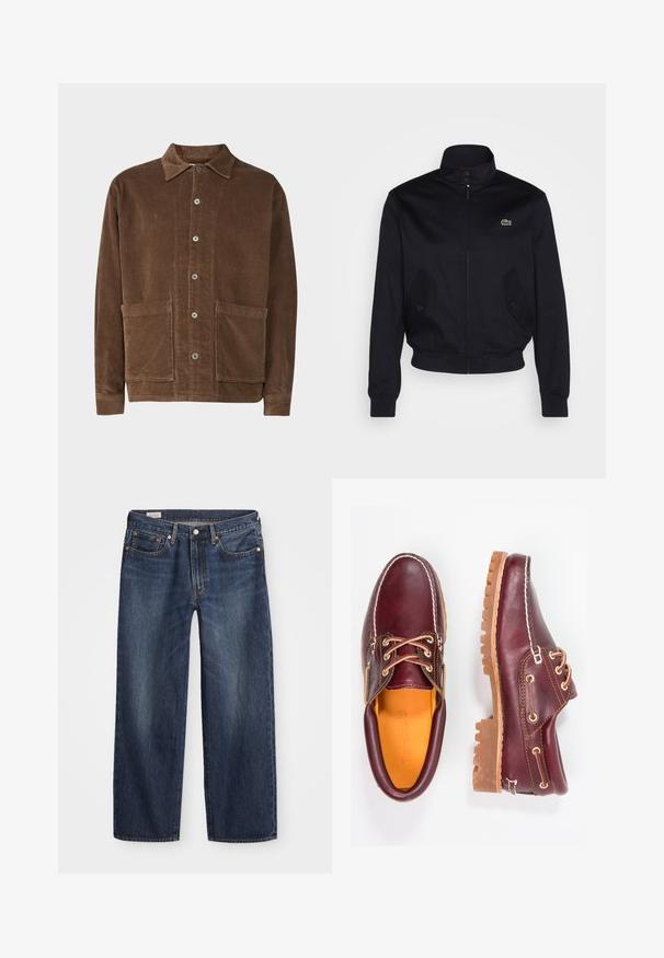 Jachetă bleu marin cu un guler înalt, fermoar pe față și două buzunare laterale; are un logo verde Lacoste pe piept; confecționată dintr-un material neted.; Jack & Jones PREMIUM JPRBLUPRESTON - Cămașă - shitake; Jeans din denim de culoare albastru închis, cu o croială dreaptă, design cu cinci buzunare, nasture metalic și fermoar, și modele subtile de uzură.; Pantofi din piele burgundă cu talpă din cauciuc brun, vârf rotund, cusături albe și gauri aurii pentru șireturi. Interiorul are un căptușeală galbenă.