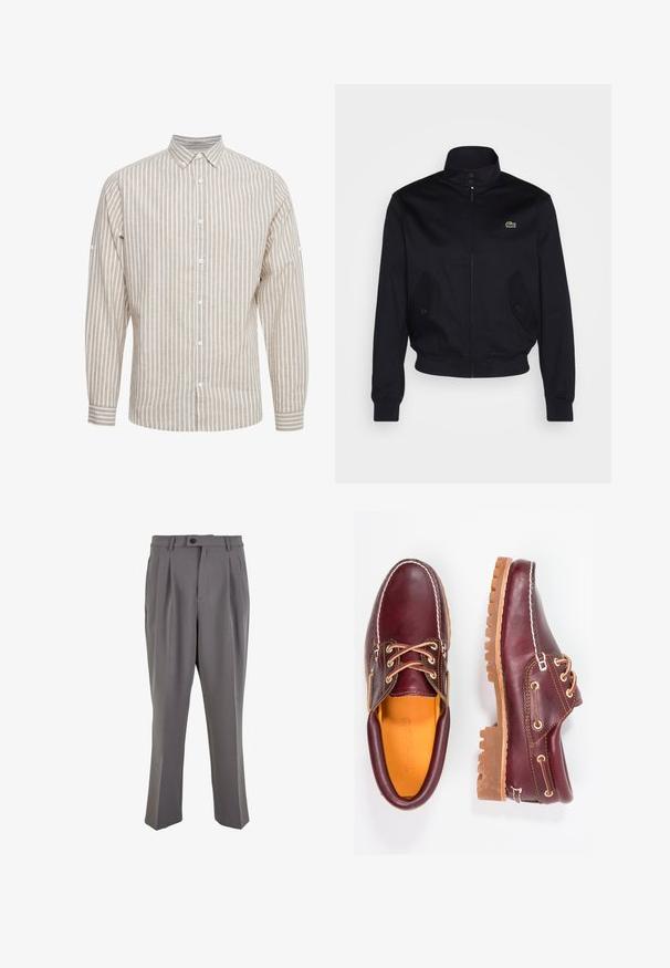 Giacca blu navale con colletto alto, chiusura con zip e due tasche laterali; presenta un logo verde Lacoste sul petto; realizzata in tessuto liscio.; Camicia a maniche lunghe a righe beige e bianche con colletto a bottoni, dotata di bottoni frontali e polsini regolabili. Realizzata in tessuto leggero.; Pantaloni grigi plissettati in tessuto liscio, con taglio dritto, chiusura con un bottone e passanti per cintura. Design minimalista.; Scarpe in pelle bordeaux con suole in gomma marrone, punta rotonda, cuciture bianche e occhielli dorati. L'interno presenta un rivestimento giallo.