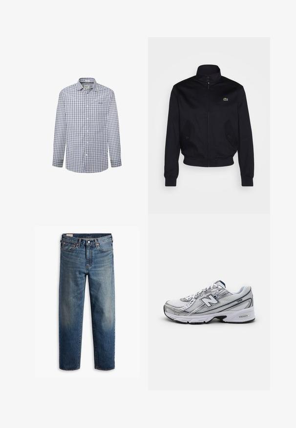 Navyblauwe jas met een hoge kraag, rits aan de voorkant en twee zijzakken; heeft een groen Lacoste-logo op de borst; gemaakt van een gladde stof.; Overhemd met knopen in een blauw-wit geruit patroon. Lange mouwen, standaard kraag, stof lijkt licht en ademend te zijn.; Blauwe rechte denim jeans met een klassieke vijf-pocket design, knoopsluiting en subtiele vervaging op de dijen en knieën.; New Balance sportieve schoen met een bovenwerk van mesh, voornamelijk wit met grijze en marineblauwe accenten, voorzien van een gevoerde zool en textuurdetails.