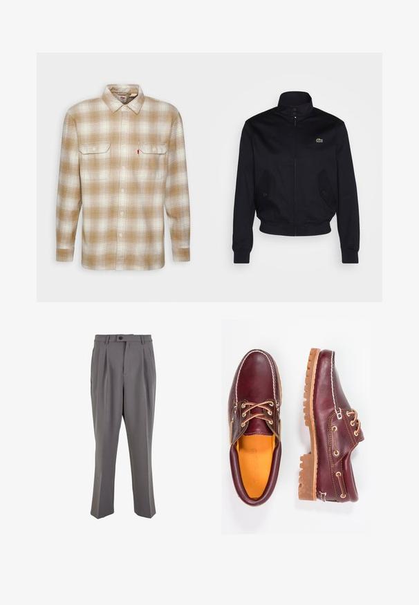 Chaqueta azul marino con cuello alto, cierre delantero y dos bolsillos laterales; presenta un logo verde de Lacoste en el pecho; está hecha de tela suave.; Levi's® JACKSON  - Camisa - tyrone iced coffee; Pantalones gris de pliegues hechos de tela suave, con corte recto, cierre de un solo botón y trabillas para cinturón. Diseño minimalista.; Zapatos de cuero burdeos con suelas de goma marrón, puntera redonda, costuras blancas y ojales dorados. El interior cuenta con un forro amarillo.