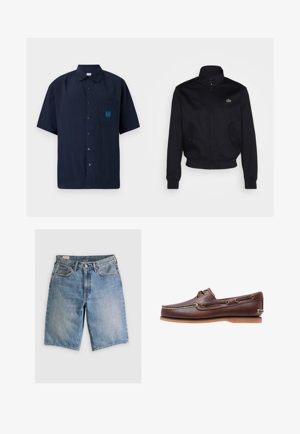 Tengerészkék dzseki magas gallérral, cipzáras elülső résszel és két oldalzsebbel; a mellkason zöld Lacoste logó található; sima anyagból készült.; Sötétkék, rövid ujjú gombos ing, könnyű anyagból készült, mellzsebbel, amelyen egy teazöld GAP logó található.; Világoskék farmer rövidnadrág klasszikus fazonban. Öt zsebe van, narancssárga varrással és nyers élek.; Barna bőr csónakcipő fehér varrással, barna fűzőkkel és világosbarna gumitalppal. Az oldalon logó található, valamint fém fűzőlyukak.