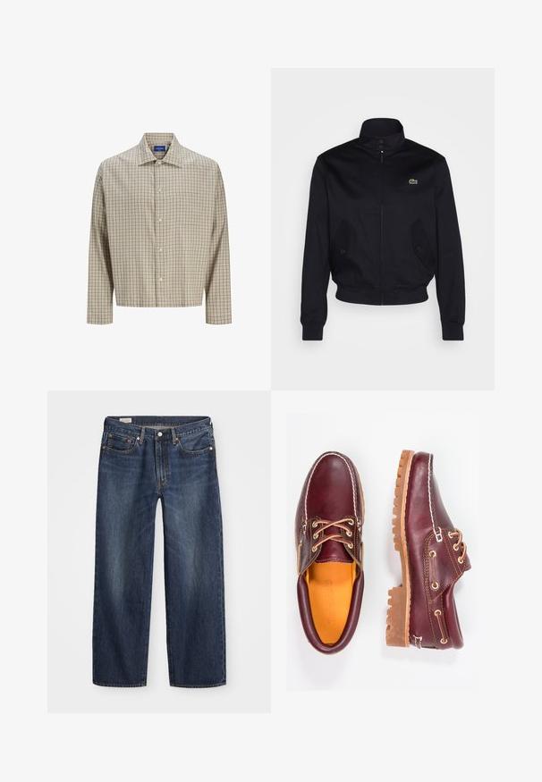 Mørkeblå jakke med høy krage, glidelås foran og to sidelommer; har en grønn Lacoste-logo på brystet; laget av glatt stoff.; Beige og brun rutete skjorte med knapper og spiss krage, lange ermer, enkel brystlomme og avslappet passform. Laget av vevd stoff.; Mørkeblå denimjeans med rette ben, femlommemønster, metallknapp og glidelås, samt subtle slitasjemønstre.; Burgunderrøde lærsko med brune gummisåler, rund tå, hvide syninger og gyldne snørehuller. Indvendig har de en gul foring.