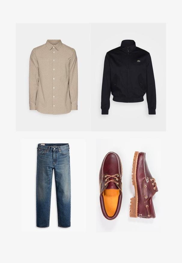 Giacca blu navale con colletto alto, chiusura con zip e due tasche laterali; presenta un logo verde Lacoste sul petto; realizzata in tessuto liscio.; Camicia marrone con bottoni, presenta un piccolo motivo geometrico bianco, maniche lunghe e colletto a punta. Caratterizzata da un orlo arrotondato e chiusura con bottoni standard.; Jeans in denim blu scuro con vestibilità comoda, gambe dritte, design a cinque tasche e leggera scoloritura sulle cosce. Bottone e rivetti argentati.; Scarpe in pelle bordeaux con suole in gomma marrone, punta rotonda, cuciture bianche e occhielli dorati. L'interno presenta un rivestimento giallo.