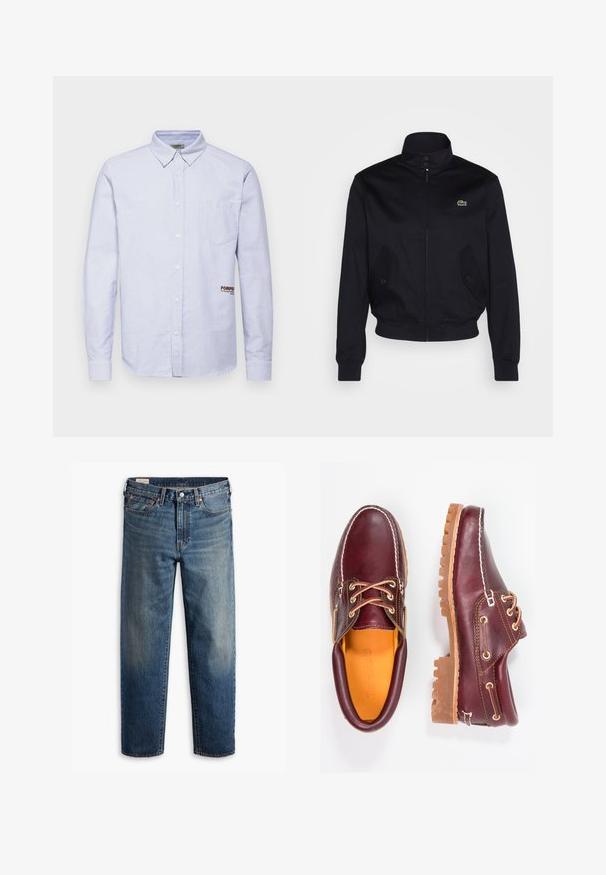 Navyblauwe jas met een hoge kraag, rits aan de voorkant en twee zijzakken; heeft een groen Lacoste-logo op de borst; gemaakt van een gladde stof.; Pompeii STRIPE SKY OXFORD SHORT - Overhemd - sky; Donkerblauwe spijkerbroek van denim met een losse pasvorm, rechte pijpen, vijf steekzakken en subtiele vervaging op de dijen. Zilveren knoop en klinknagels.; Bordeaux leren schoenen met bruine rubberen zolen, ronde neus, witte stiksels en gouden veterogen. Het interieur heeft een gele voering.