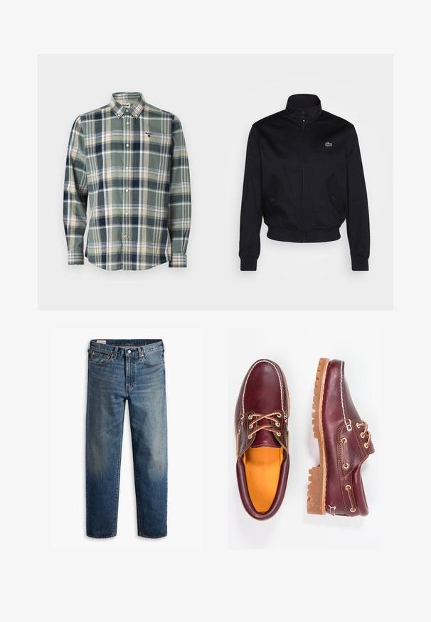 Navyblauwe jas met een hoge kraag, rits aan de voorkant en twee zijzakken; heeft een groen Lacoste-logo op de borst; gemaakt van een gladde stof.; Groen geruit shirt met button-down kraag, met marineblauwe en beige vierkanten. Katoenen stof, lange mouwen en klein logo op de borst.; Blauwe rechte denim jeans met een klassieke vijf-pocket design, knoopsluiting en subtiele vervaging op de dijen en knieën.; Bordeaux leren schoenen met bruine rubberen zolen, ronde neus, witte stiksels en gouden veterogen. Het interieur heeft een gele voering.