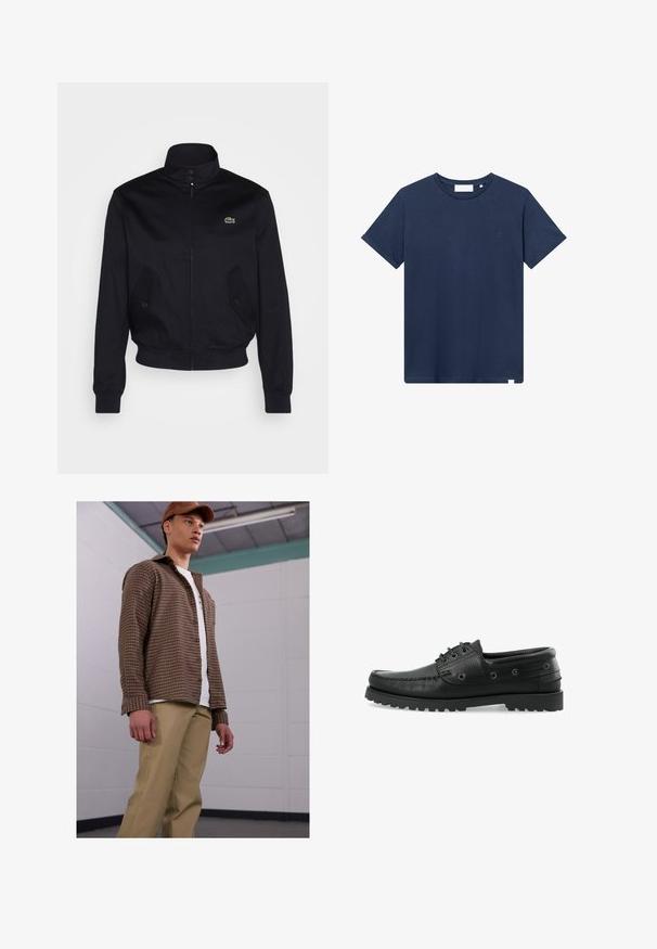 Mornarsko modra jakna z visokim ovratnikom, zadrgo spredaj in dvema stranskima žepoma; ima zeleno Lacoste logo na prsih; izdelana iz gladkega materiala.; Temno modra bombažna majica s krožnim ovratnikom, kratkimi rokavi in majhnim vezenim logotipom na levem prsnem delu. Gladka tekstura.; Rjava karo gumbasta srajca z dolgimi rokavi, kombinirana s svetlo bež hlačami, oblečena čez belo majico. Model stoji v preprostem notranjem okolju.; Črne usnjene čolnarske čevlje s teksturirano površino, zavezovanjem, gumo podplatom z oprijemom in kovinskimi luknjami ob straneh.